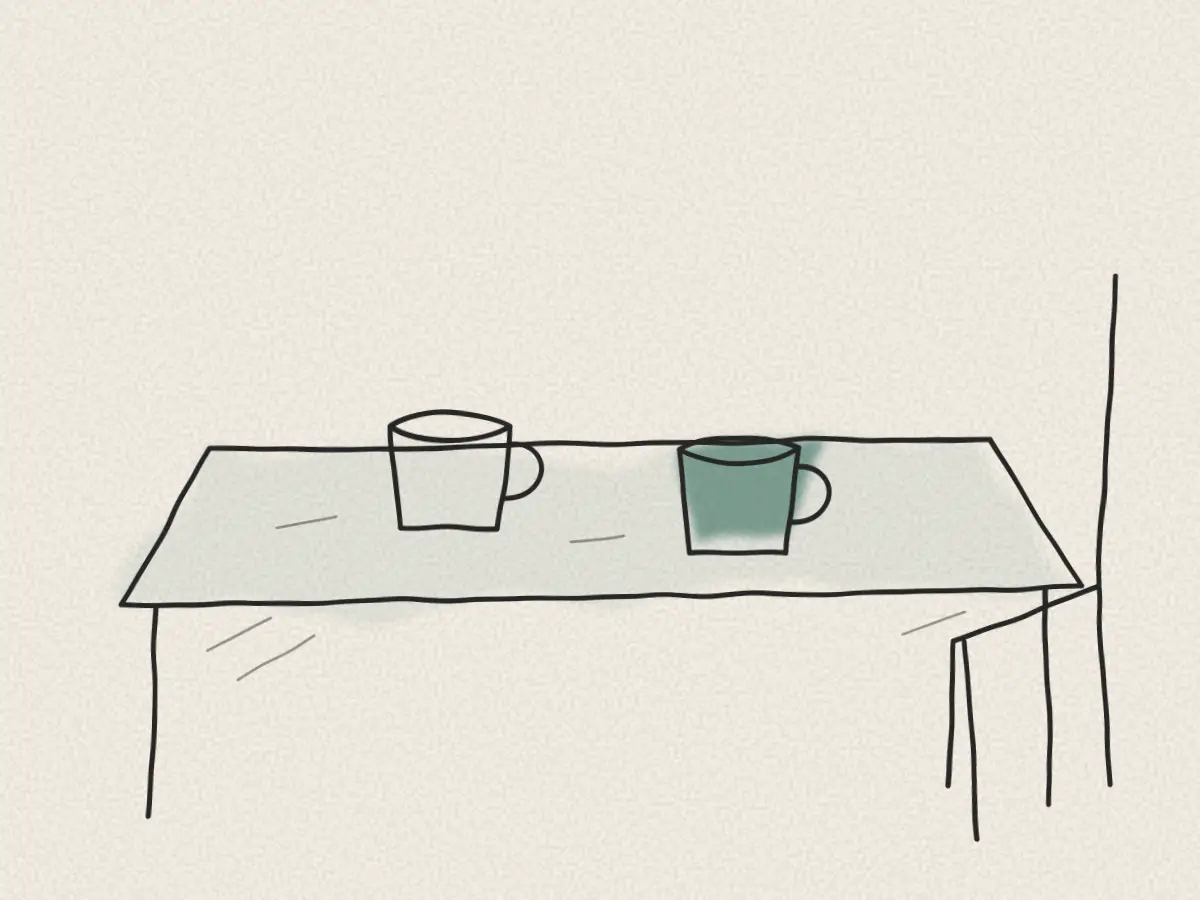 Dibujo de una mesa con dos tazas y una silla apartada